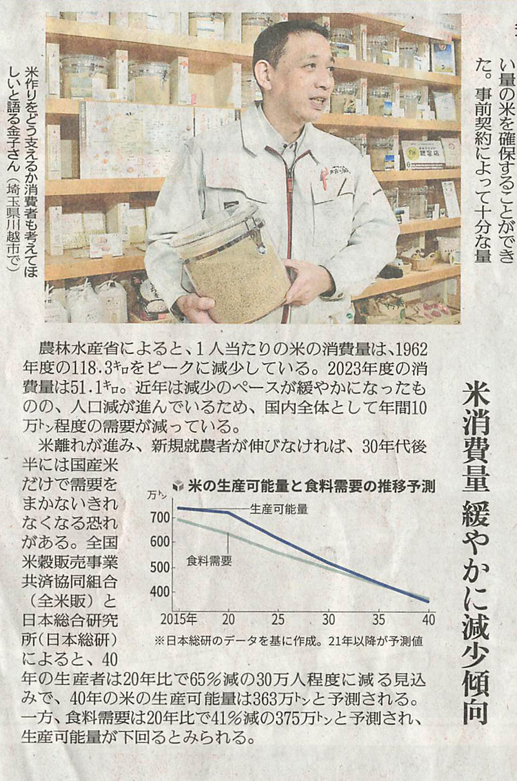 読売新聞に掲載「国産米食べ生産者支援」